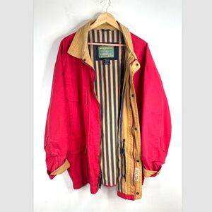 VTG 90s Boat Works Fisherman Chore Coat L Red Stripe Nautical Yacht Sailing Barn